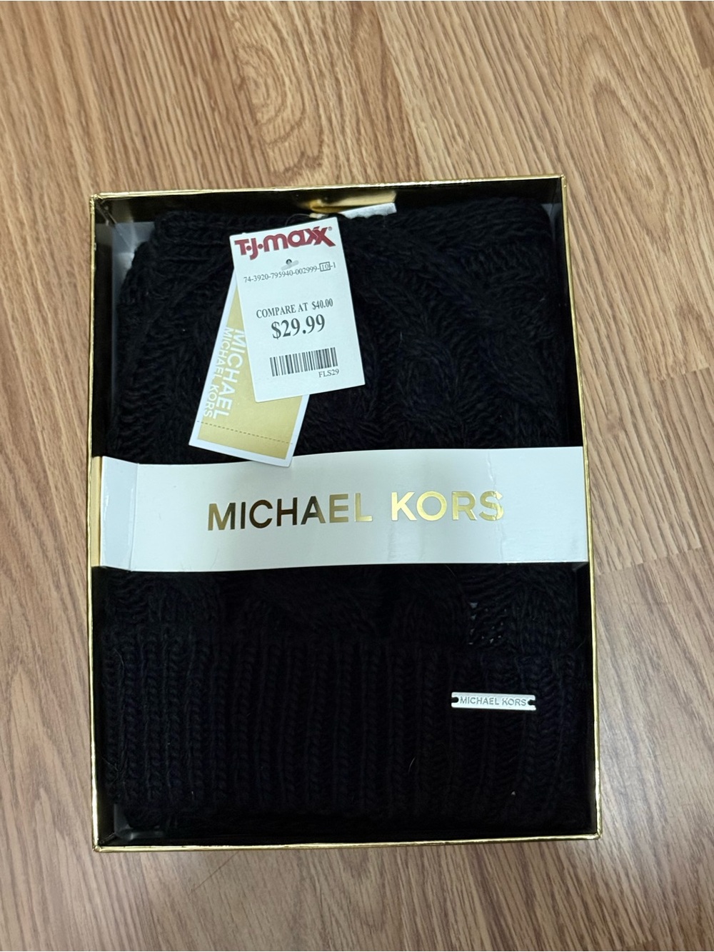 Michael Kors Black Knit Hat & Mittens Set
